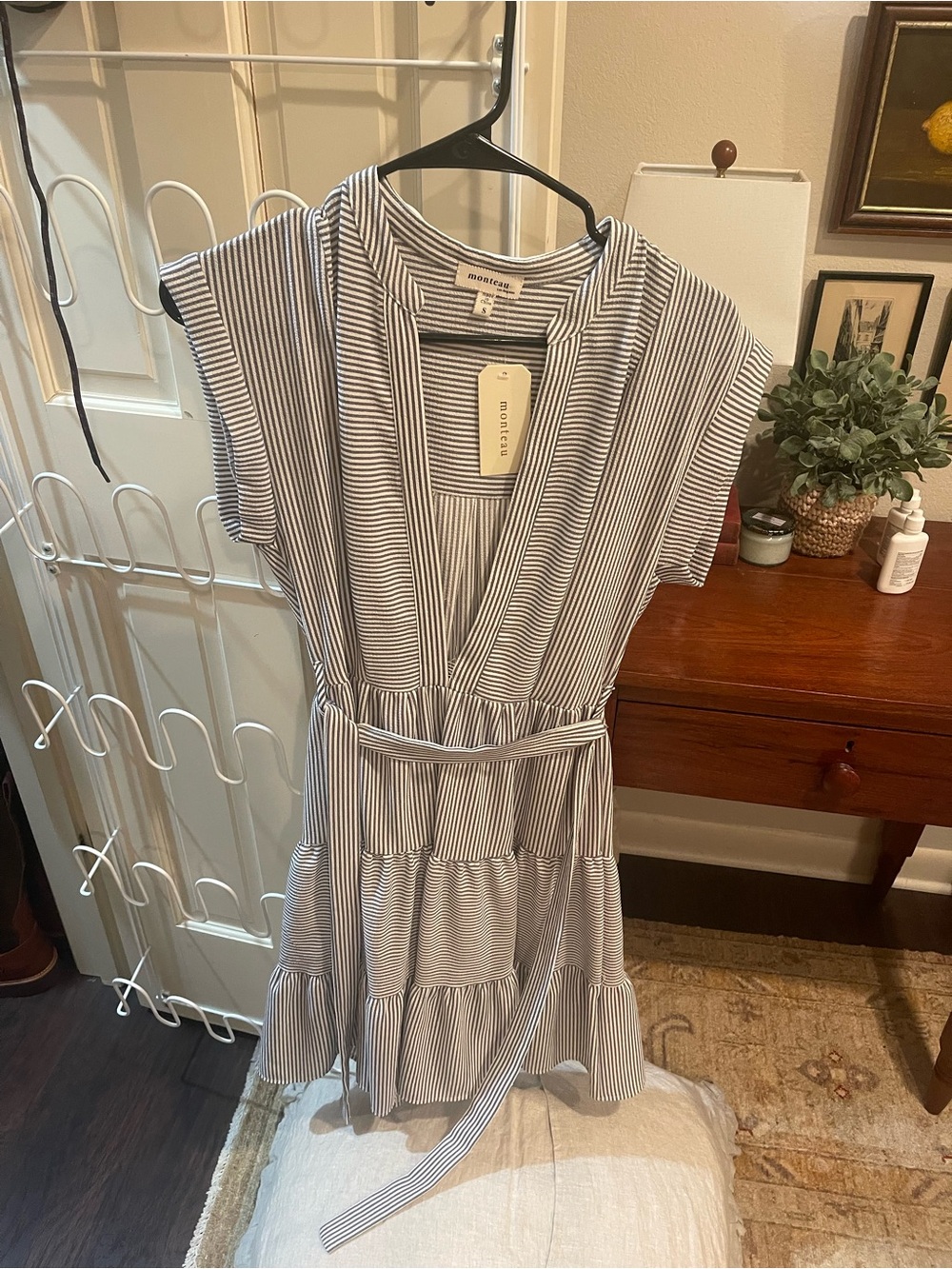 Monteau Navy and White Stripe V-Neck Midi Dress with Waist Tie